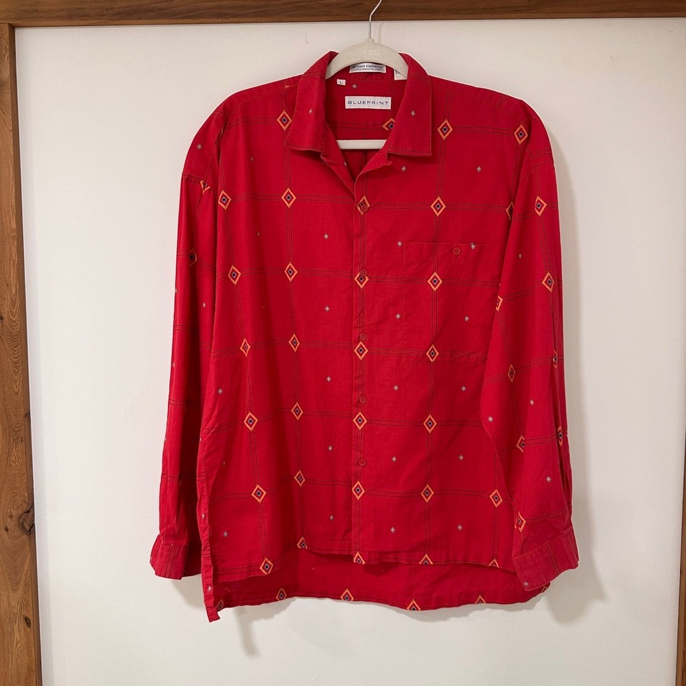 Blueprint Relaxed Silhouette Button‎ Down Women L Red Geometric Print | Vintage